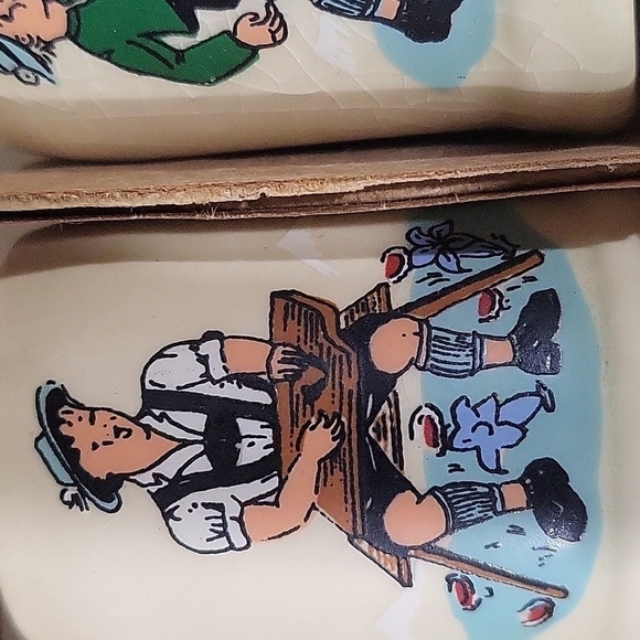 Vintage Six Pottery Shot Glasses Mugs Scenes of Jungs and Madels W Germany - Picture 5 of 9